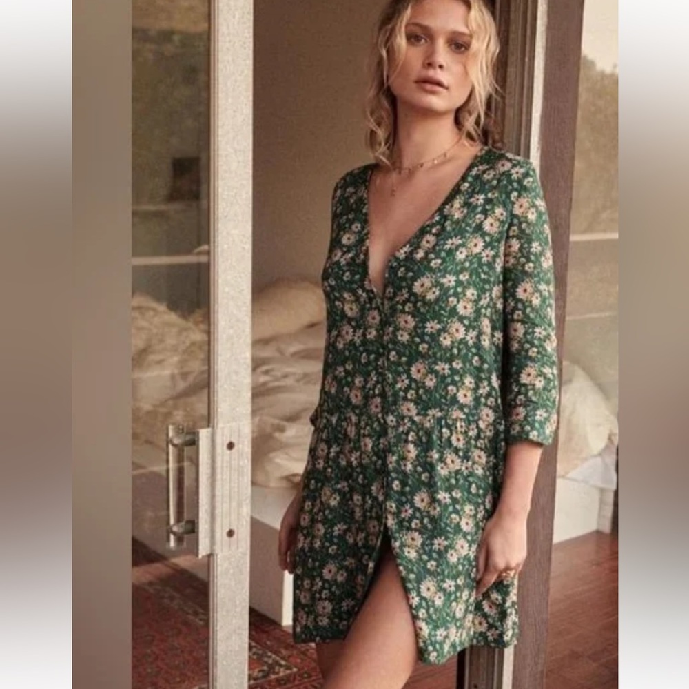 Sézane Shift Dress Green Floral Print size 8 button down with slip NWOT